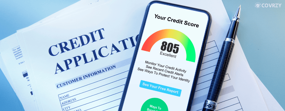a mobile and pen lying on credit application form, the mobile screen showing high credit score