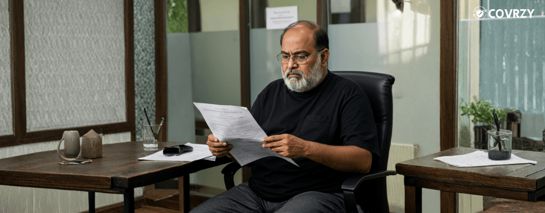 A man bit aged, wearing a black baggy t-shirt, reading a printed paper while sitting in a corporate black chair