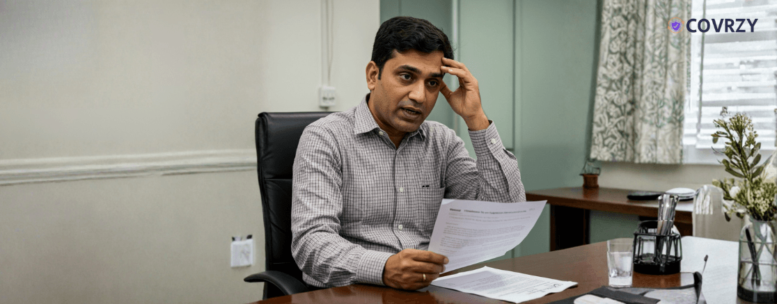 A male individual, weaing a formal grey white shirt, holding a paper in his right hand, while holding his forehead in his left hand, looking distressed. His background is a corporate cabin with a small window on his left