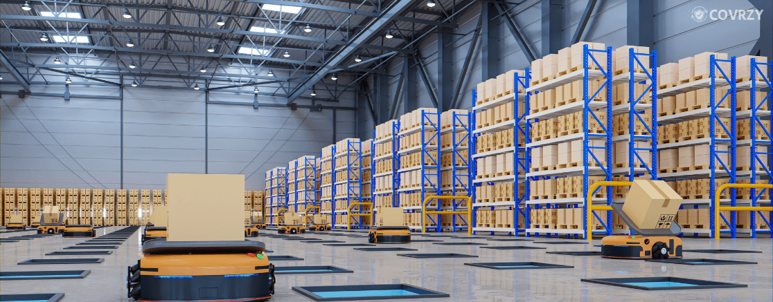 multiple rows of boxes packed in lines with a robot car carrying a box
