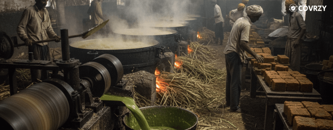 the interior of a sugar mill, few workers are preparing stashes of sugar while some are preparing sugar on giant ovens