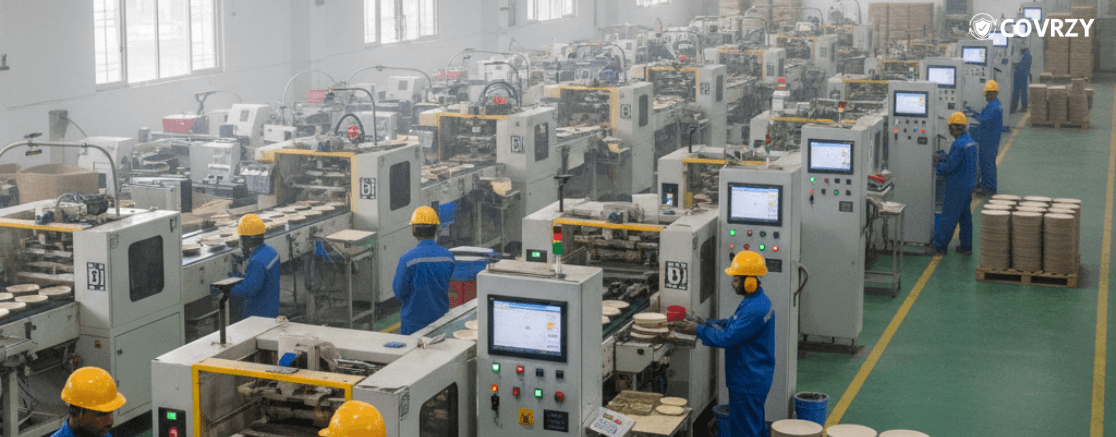 A modernized factory where workers are wearing blue uniforms and yellow helmets, and working on modern machines for manufacturing disposable plates