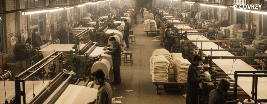 A cotton mill inside where workers are seen to be working in cotton manufacturing machine, stashes of cotton placed beside the mill workers