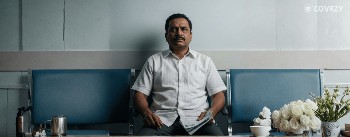 An Indian man is holding a stack of printed paper in his left hand, wearing a white formal shirt, sitting in a chair while his face looks anxious and stressed