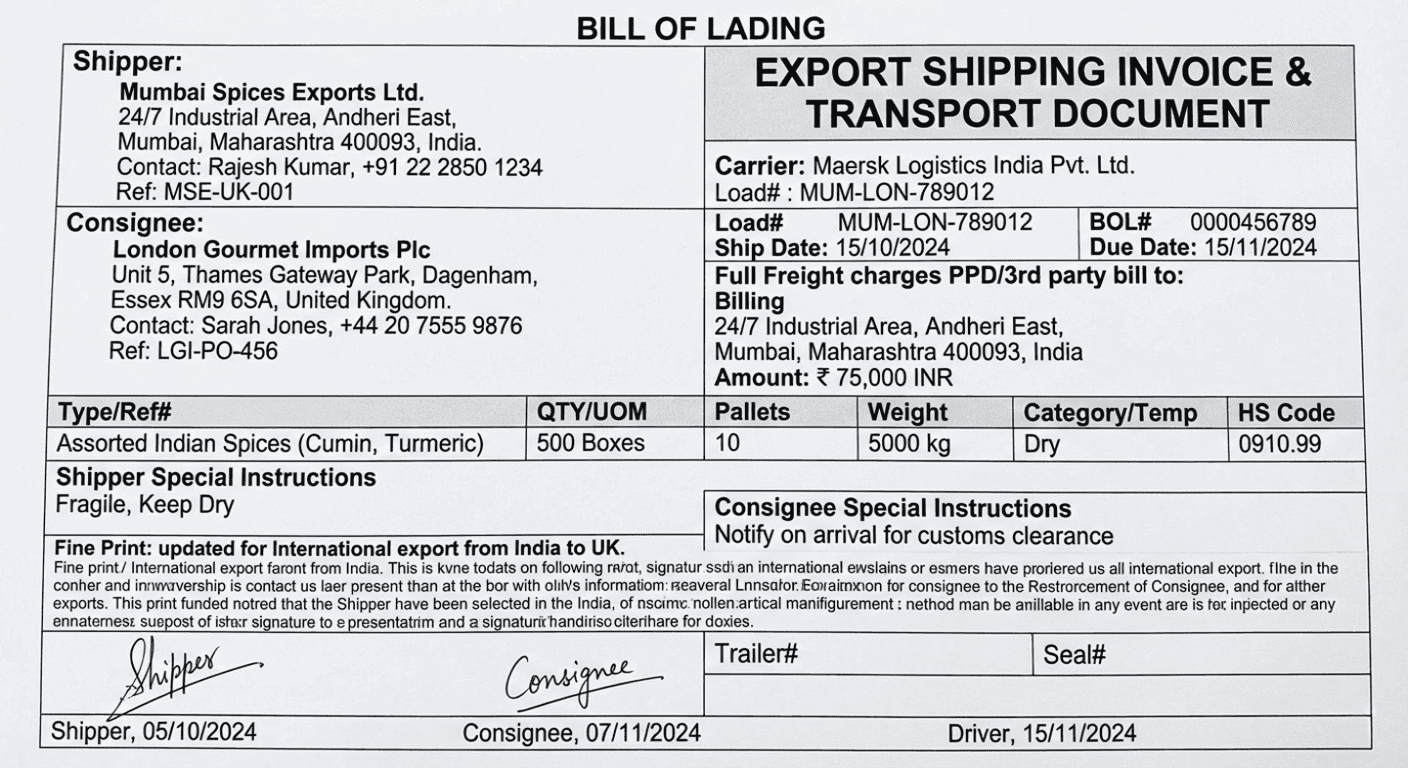 Example of a bill of lading